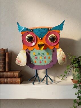 Colorful Metal Owl Statue - Bright Orange, Teal, Pink Spring Decor
